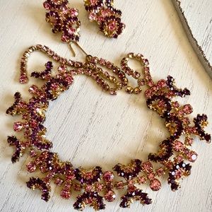 Moving Sale | Vintage Rhinestone Purple Pink Floral Necklace and Earrings Set